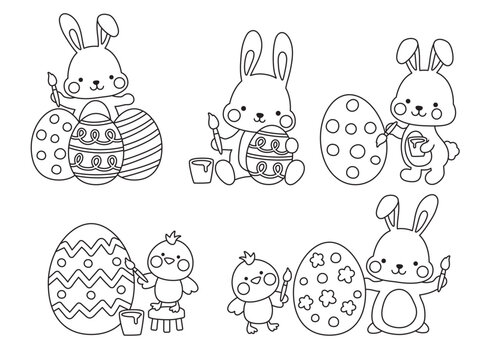 Outlined Easter bunny and baby chick painting Easter eggs vector illustration. Easter bunny painting line art for coloring. Live stroke.