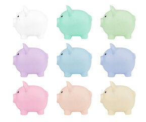 Collection of multi-colored side view piggy bank isolated on white background with clipping path.