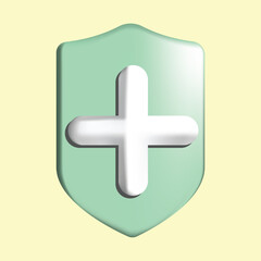 Green protection shield with white plus sign, Safety guard shield with cross. Three dimensions, 3D vector illustration isolated on yellow background. Medical, health care concept.