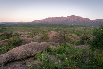 Paisaje de llanura con macizo montañoso al fondo