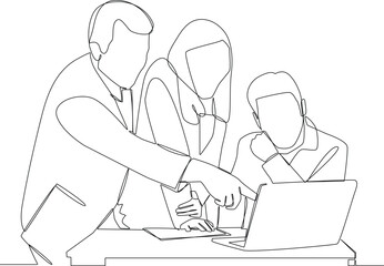 Single one line drawing office workers discussing project or report  in front of laptop at office. Brainstorming team. Business meeting concept. Continuous line draw design graphic vector illustration