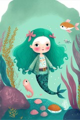 illustration of cute girl wearing mermaid costume. Generative Ai.