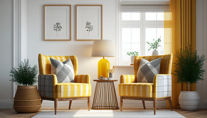 Interior design of living room with armchair and yellow sofa. Generative AI.