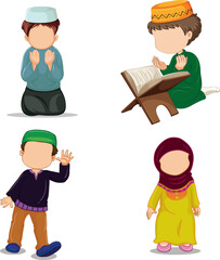 set of islamic children, boys, girls with dua and quran cartoon vector