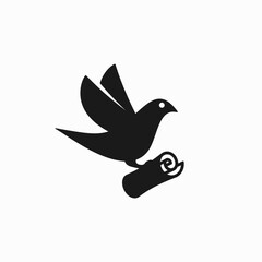 flying pigeon or dove gripping paper roll. post pigeon logo icon