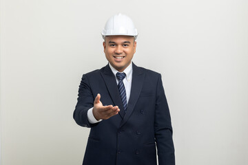 Businessman manager owner real estate on isolated white background. Cooperation of architect designer. Engineer with safety helmet checking at working construction site