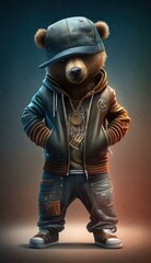 Photo Shoot of King of the Streets:A Majestic Bear Animal Rocked in Hip Hop Streetwear Fashion like Men, Women, and Kids (generative AI)