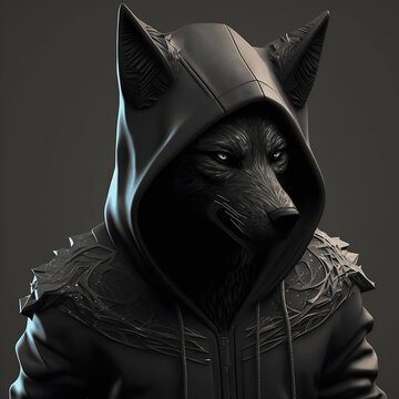 black hooded wolf in the night