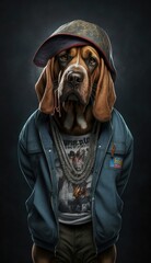 Photo Shoot of King of the Streets:A Majestic Bloodhound Animal Dog Rocked in Hip Hop Streetwear Fashion like Men, Women, and Kids (generative AI)