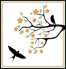 Fototapeta premium birds in a tree with leaves and flowers