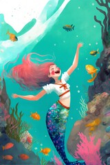 Obraz na płótnie Canvas illustration of happy girl wearing mermaid costume. Generative Ai.