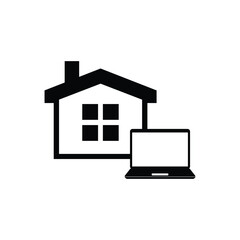 Fototapeta na wymiar Work from home icon. Property management. Real estate. House and laptop. Vector icon isolated on white background.