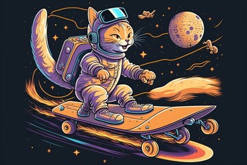 Astronaut cat riding a skateboard in space. Generative AI