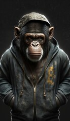 Fototapeta na wymiar Photo Shoot of King of the Streets:A Majestic Chimpanzee Animal Rocked in Hip Hop Streetwear Fashion like Men, Women, and Kids (generative AI)