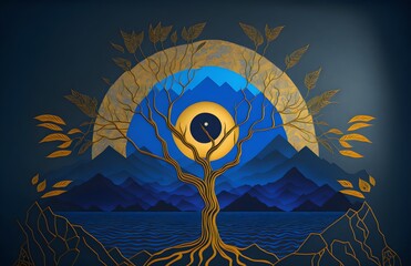 3d modern art mural wallpaper with dark blue background. golden tree and mountains , golden moon. dark landscape background and clouds and colorful mountains.