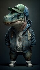 Photo Shoot of King of the Streets:A Majestic Dinosaur Animal Rocked in Hip Hop Streetwear Fashion like Men, Women, and Kids (generative AI)