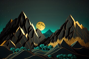 3d modern art mural wallpaper, night landscape with dark turquoise mountains, dark black background with stars and moon, golden trees, and gold waves.