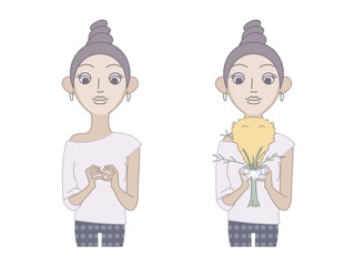 国際女性デーのミモザを持った黒人女性の半身セット素材