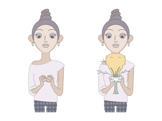 国際女性デーのミモザを持った黒人女性の半身セット素材