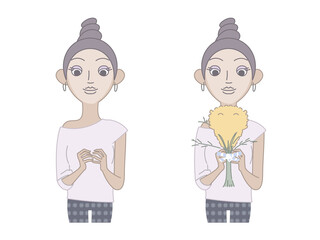 国際女性デーのミモザを持った黒人女性の半身セット素材