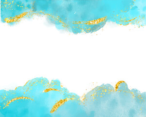 Beautiful Pastel mint liquid marble watercolor background with gold lines and brush stains. Teal turquoise marbled alcohol ink drawing effect. Vector illustration backdrop, watercolor