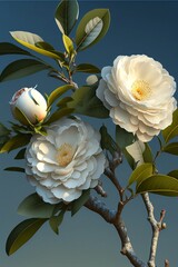 A few white camellias on a camellia branch. Generative Ai.