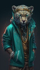 Photo Shoot of King of the Streets:A Majestic Jaguar Animal Rocked in Hip Hop Streetwear Fashion like Men, Women, and Kids (generative AI)