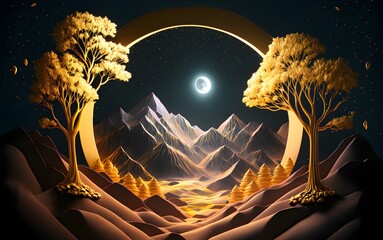 3d modern art mural wallpaper with night landscape with dark mountains, dark black background with stars and moon, giant golden tree and gold waves.