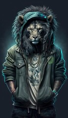 Photo Shoot of King of the Streets:A Majestic Lion Animal Rocked in Hip Hop Streetwear Fashion like Men, Women, and Kids (generative AI)