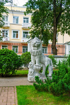 Yaroslavl, Russia - August 14, 2020: The Governor's Garden. Lions with lion cubs