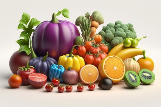 Fresh fruits and vegetables. Illustration. 3D Render. Created with Generative AI