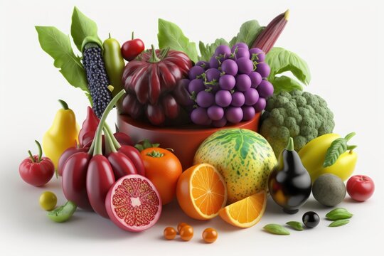 Fresh fruits and vegetables. Illustration. 3D Render. Created with Generative AI