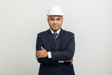 Businessman manager owner real estate on isolated white background. Cooperation of architect designer. Engineer with safety helmet checking at working construction site