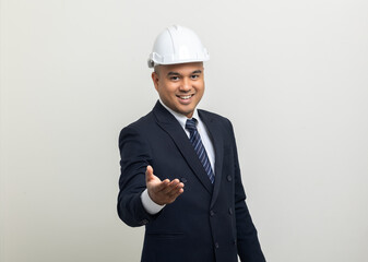 Businessman manager owner real estate on isolated white background. Cooperation of architect designer. Engineer with safety helmet checking at working construction site