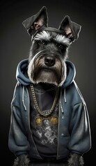 Photo Shoot of King of the Streets:A Majestic Standard Schnauzer Animal Dog Rocked in Hip Hop Streetwear Fashion like Men, Women, and Kids (generative AI)