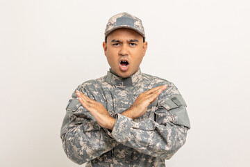 Don't sign stop war. Asian man special forces soldier standing with Stop the war stop the violence. Commander Army soldier military defender of the nation in uniform standing on white background.