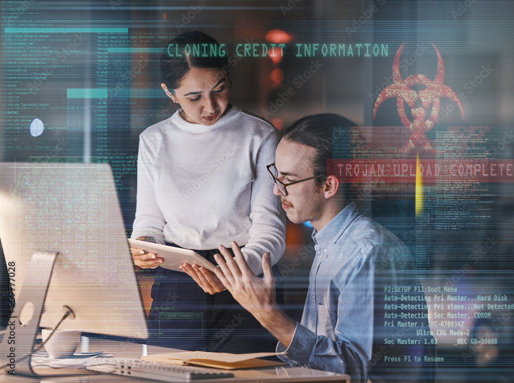Leinwandbilder Cybersecurity overlay, futuristic graphic and computer software database of it workers talking. Tablet, digital data hologram and information technology work of a office team working on web research