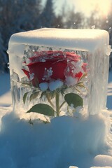 super realistic photo of icebound read roses closeup. Generative Ai.