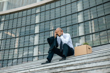 Sadness depressed Businessman with box cardboard packing personal items after losing jobs. Failure businessman sitting at stair front of building. Your fired Unemployed Jobless People Crisis