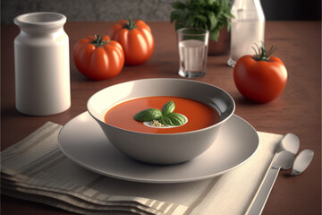 Warm and Cozy Tomato Soup in a Bowl on a very nice deco table. Ai generated.