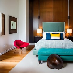 A contemporary guest room with a pop of color2, Generative AI