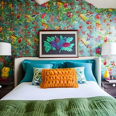 A contemporary guest room with a pop of color3, Generative AI