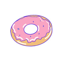 Hand drawn aesthetic cute cartoon doughnut with pink icing