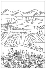 Coloring book . Lovely landscape,mountains and fields in the valley. Vector art line background.