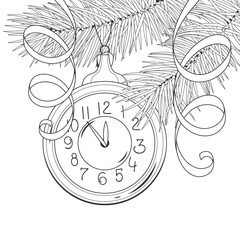 Christmas tree branches with a Christmas tree toy in the form of a clock. New Year. Vector illustration. Isolated on white. Childrens coloring book. Monochrome, black and white graphic.