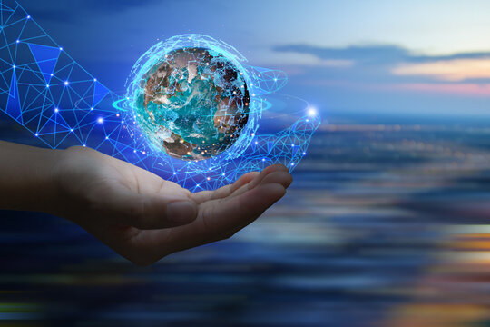 Internet and global communication technology. Global connections and big data of the future in the hands of business people & virtual world.