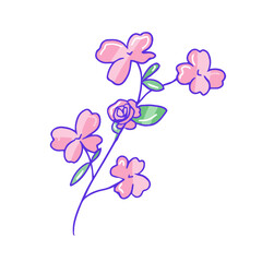 Hand drawn aesthetic cute branch with pink sakura flowers and leaves