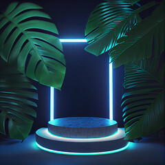 Empty Product Stand, Podium, Pedestal, Exhibition with Palm Trees and Neon Lights on Dark Background Created with Generative AI Technology 