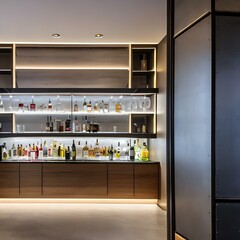 A modern and sleek home bar with glass shelves1_SwinIRGenerative AI