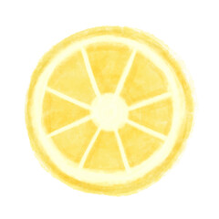 Hand drawn cute watercolor yellow lemon slice, round citrus piece artwork